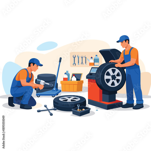 Tire changing service with mechanics in an auto shop