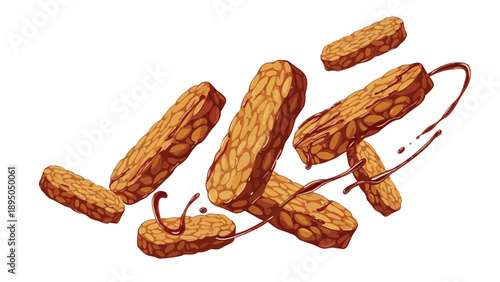 Dynamic tempeh pieces with savory sauce splashes illustrating delicious plant-based food a culinary delight for healthy eating and vegan recipes