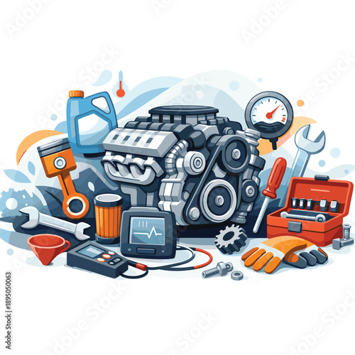 Car engine with various tools and maintenance equipment
