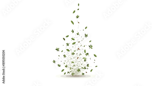 Vibrant green leaves and aromatic herb particles dynamically ascending in a fresh, natural burst on a clean white background, evoking freshness and