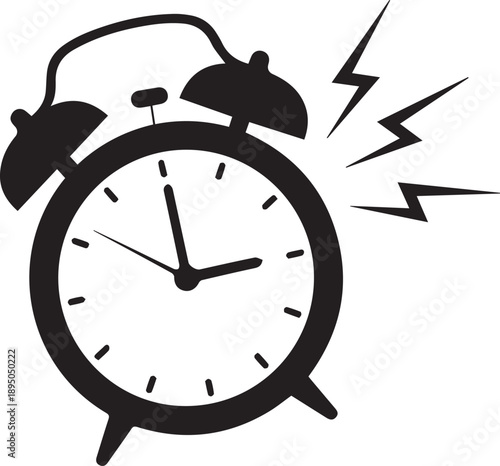 Alarm clock ringing silhouette vector illustration with lightning bolts showing wake up time