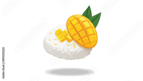 Tropical Thai Mango Sticky Rice Dessert Illustration, Sweet Glutinous Rice with Golden Fruit Slices