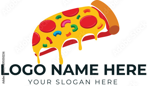 Cartoon pizza slice logo vector with cheese, pepperoni, peppers, and mushrooms for pizzeria or casual dining branding