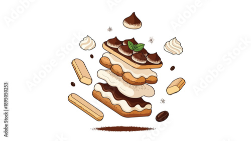 An artistic illustration of an exquisite layered dessert showcasing crisp ladyfingers rich chocolate and smooth cream crafting a delightful culinary