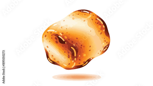 A delightful golden-brown crispy food piece, subtly textured and isolated, elegantly suspended above its soft shadow on a clean white background.