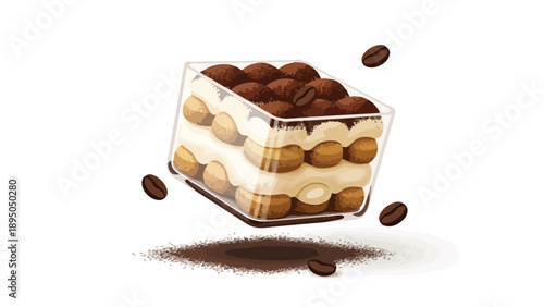 Layered coffee dessert illustration in clear glass. Creamy textures, coffee-soaked biscuits, cocoa powder, floating aromatic beans. Sweet gourmet
