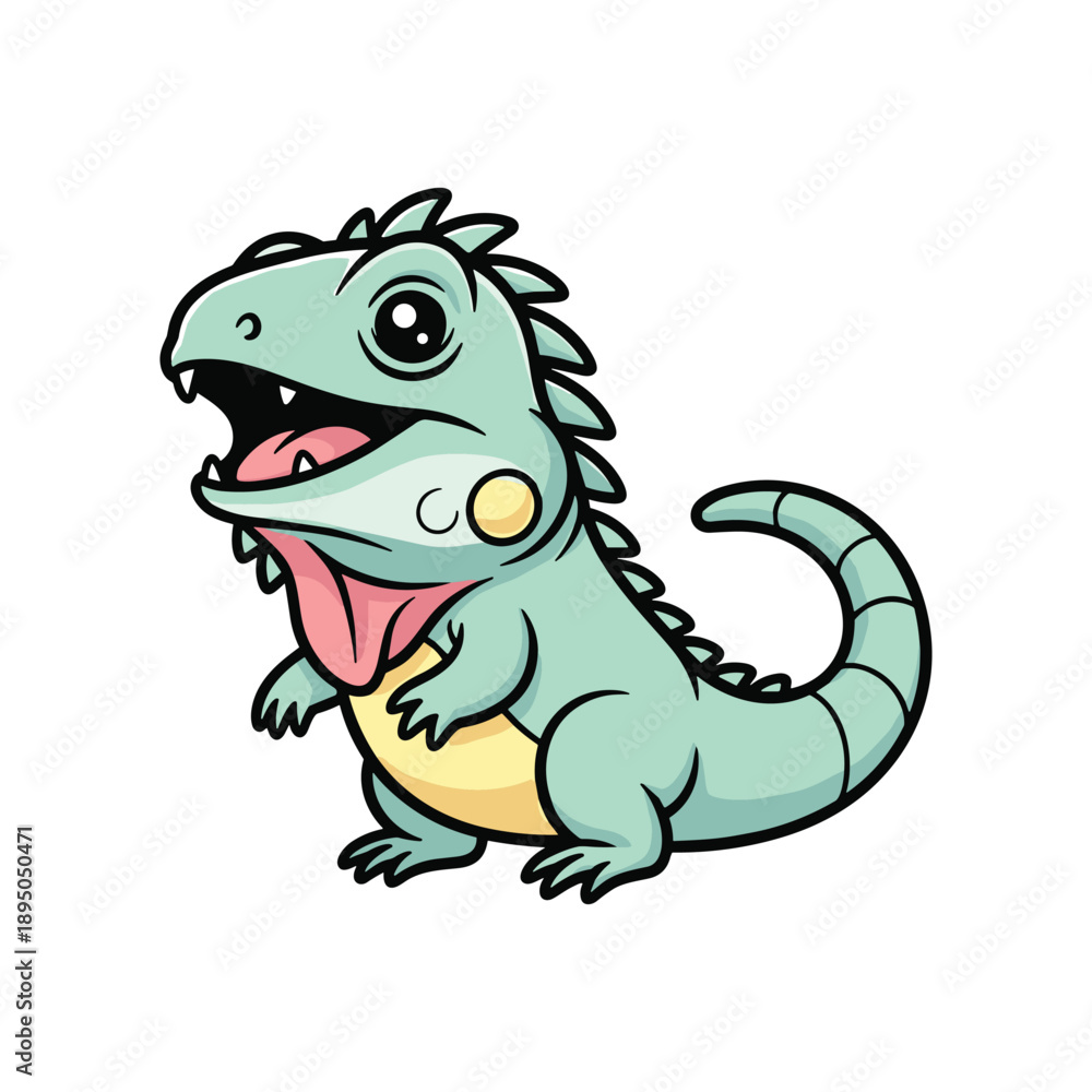 Obraz premium Cartoon green dinosaur character roaring with open mouth and sharp teeth isolated on white background