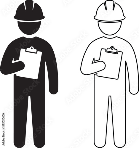 Engineer vector icon set featuring black silhouette and outline styles. Construction worker with helmet and clipboard illustration for inspection, safety and site supervisor symbols.