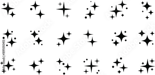 Stylized Sparkle Icon Set Featuring Black Decorative Bursts, Diamond Accents, Shine Effects, and Graphic Elements for Design Use