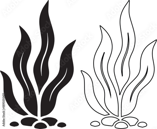 Seaweed vector icon set featuring black silhouette and outline styles. Underwater marine plant illustration suitable for aquarium decoration, ocean nature and summer beach symbols.