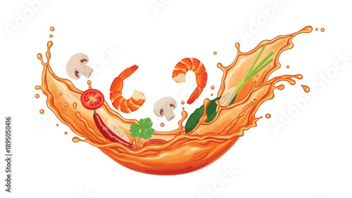 Vibrant orange liquid splash bursting with succulent shrimp, fresh mushrooms, fiery chili, aromatic lemongrass, and verdant herbs, embodying dynamic