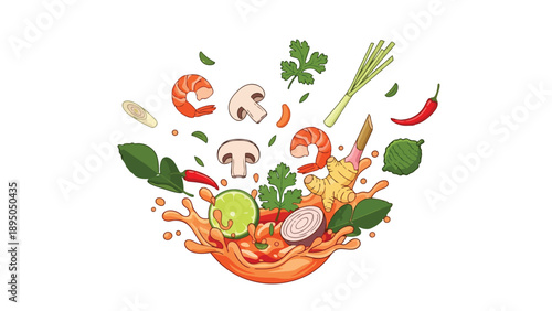 Vibrant Asian soup ingredients dynamically splashing creating an energetic culinary display.