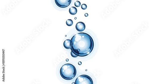 An intricate vertical arrangement of glossy, translucent blue water bubbles of varying sizes ascending gracefully against a pristine white