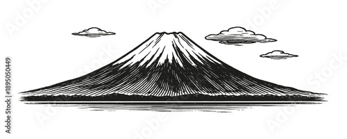 Mt. Fuji Black and White Vintage Illustration - Japanese Nature Concept