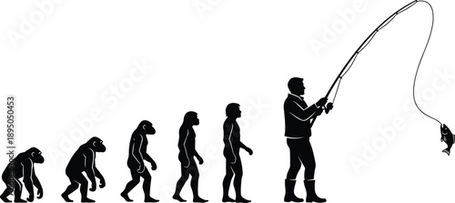 Black silhouette vector illustration showing human evolution from ape to a modern fisherman catching a fish for outdoor hobby branding,