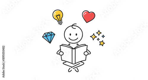Smiling cartoon character reading a book with creative ideas and inspiration