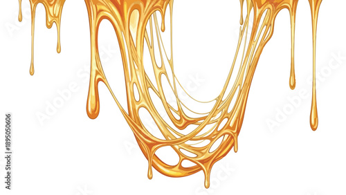 Golden viscous liquid stretching and dripping, intricate patterns on white, sticky fluid texture.