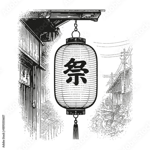 Traditional Japanese Lantern - Vintage Street Festival Illustration