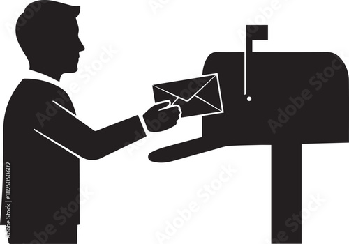 Man sending letter placing envelope into mailbox silhouette vector illustration line art graphic design