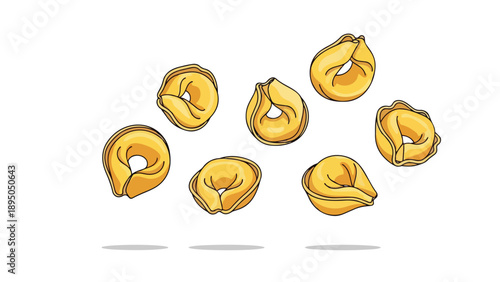 An appealing illustration showcasing several vibrant golden tortellini pasta shapes delicately arranged in a captivating pattern, symbolizing fresh
