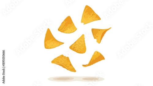 Golden corn tortilla chips in a dynamic, scattered arrangement on a clean white backdrop, illustrating snack time