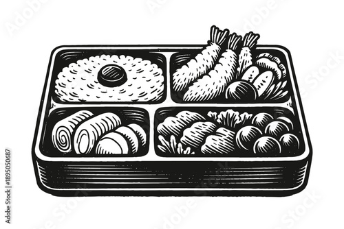 Japanese bento box with shrimp tempura, traditional asian lunch and food concept, vector illustration