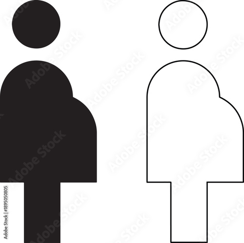 Pregnant woman vector icon set featuring black silhouette and outline styles. Expecting mother symbol suitable for maternity priority seating, restroom signs and hospital graphics.