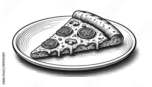 Pepperoni pizza slice on plate, fast food and Italian cuisine concept, vector illustration