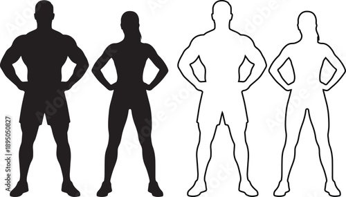 Fitness man and woman vector icon set featuring black silhouette and outline styles. Athletic couple standing with hands on hips for gym, workout, sport and personal training design symbols.