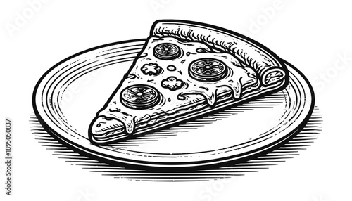 Cheesy pepperoni pizza slice on plate, classic fast food and Italian cuisine concept, vector illustration