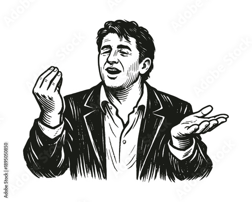 Italian man expressive gesture, emotional communication and body language concept, vector illustration