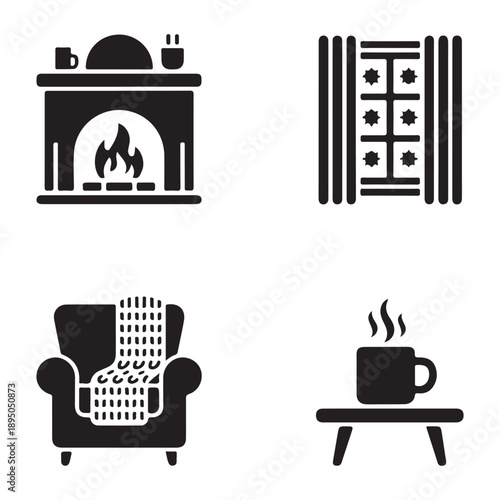 Winter interior icon showing fireplace and warm seating