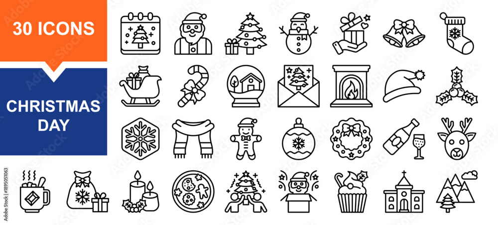Fototapeta premium Vector set of christmas day line collection. Containing christmas, santa claus, snow, gift box, celebrate
