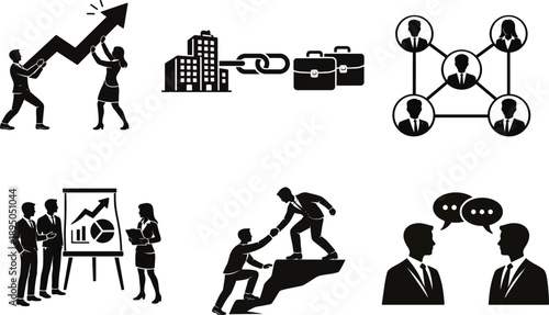 Business growth and professional collaboration silhouette icon set