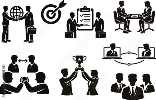 Global business partnership and teamwork silhouette icon set