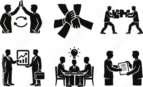Business collaboration and teamwork silhouette icon set