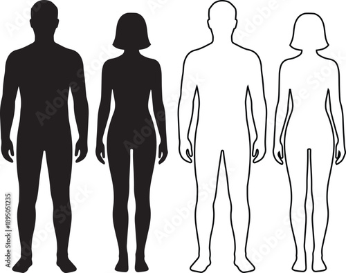 Human body vector illustration set featuring man and woman in black silhouette and outline styles. Male and female standing figures for bathroom signs and gender symbols.