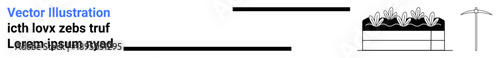 Data analysis, mining, resource management, infographics, conceptual graphics, business workflow. Text blocks paired with a resources-inspired graphic and pickaxe symbol. Mining and data analysis are