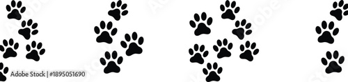 Animal paw prints pattern, dog cat footprints trail, pet tracks silhouette background, black vector illustration