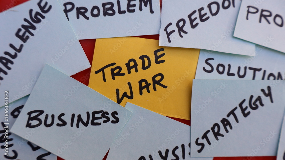 Fototapeta premium Conceptual Photo of 'Trade War' Among Business Terms on Sticky Notes