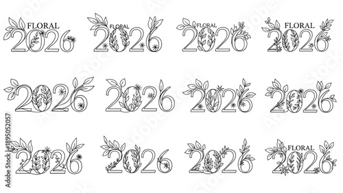 Floral 2026 Continuous Line Art with Botanical Leaves and Star Flower Minimalist Vector