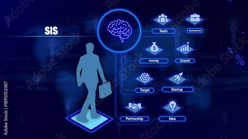Strategic Information System Business Concept with Businessman and Icons Representing Team Money Growth Target Startup Partnership Idea