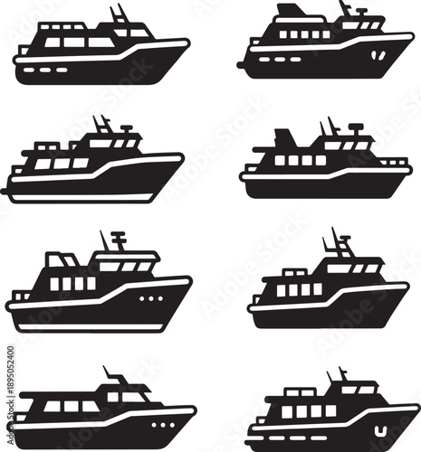 Set of 8 Minimalist Black and White Ship Vectors for Nautical Designs and Infographics