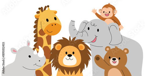 group of cute safari animals, smile child animal cartoon with giraffe, rhino, lion, elephant, bear, monkey, hand draw wildlife character illustration