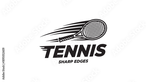 A dynamic black and white logo features a speeding tennis racket with the word tennis below it high quality professional detailed