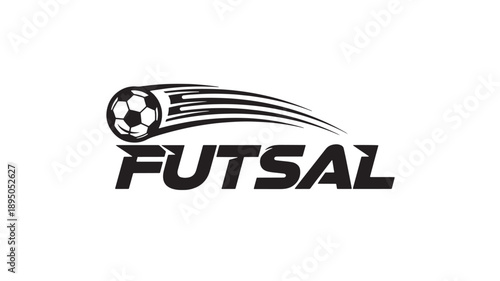 A dynamic black and white logo depicts a soccer ball in motion with the word futsal below high quality professional detailed
