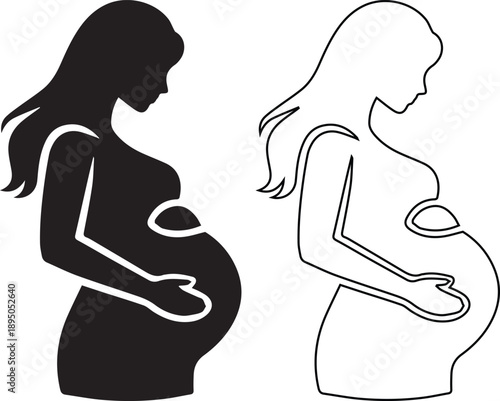 Vector illustration set of pregnant woman icons in solid black and outline styles featuring side profile holding belly, ideal for maternity clinics, mother care, and baby shower designs.