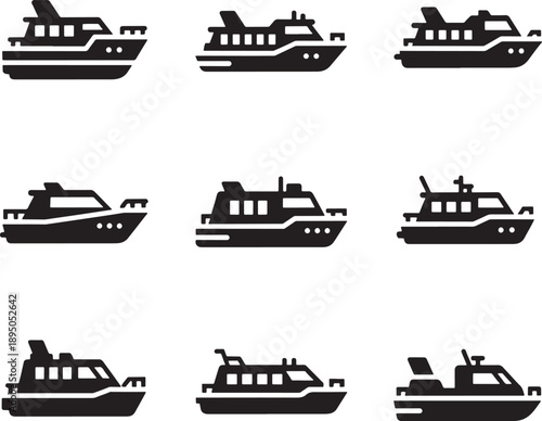 Set of 9 Minimalist Flat Design Cruise Ships and Ferries Vector Icons