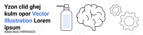 Innovation, creative thinking, workflow, mental processes, problem-solving, effective solutions. Stylized brain, gears and a spray bottle. Innovation and creative thinking concept