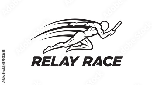 A dynamic black and white illustration depicts a relay racer in full stride passing the baton high quality professional detailed modern